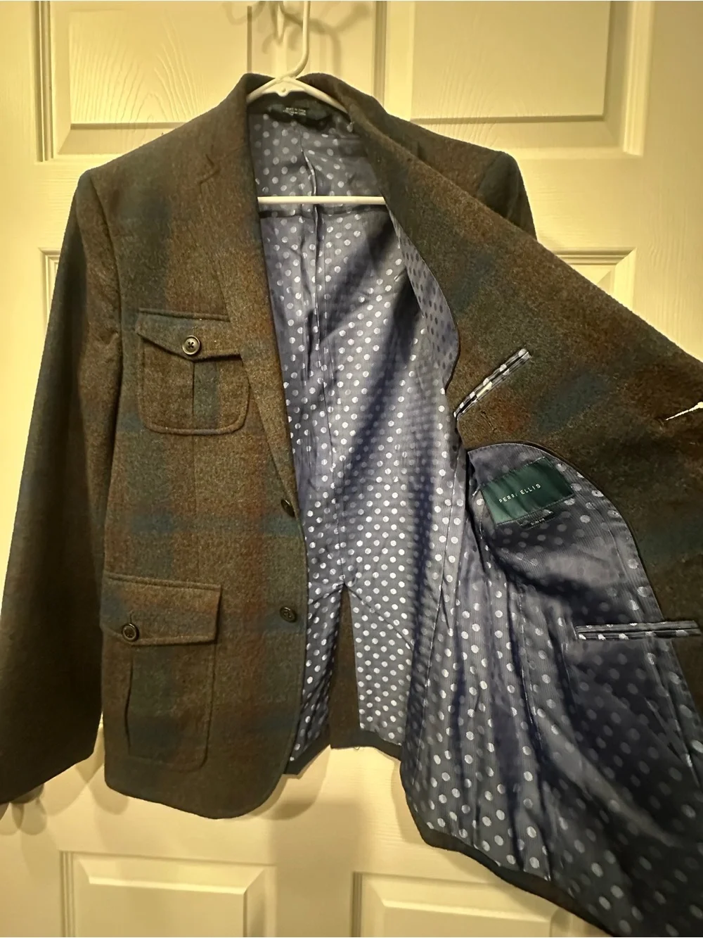 Perry Ellis 50% Wool Grey Blue Brown Plaid Fall Winter Slim Fit Blazer Jacket